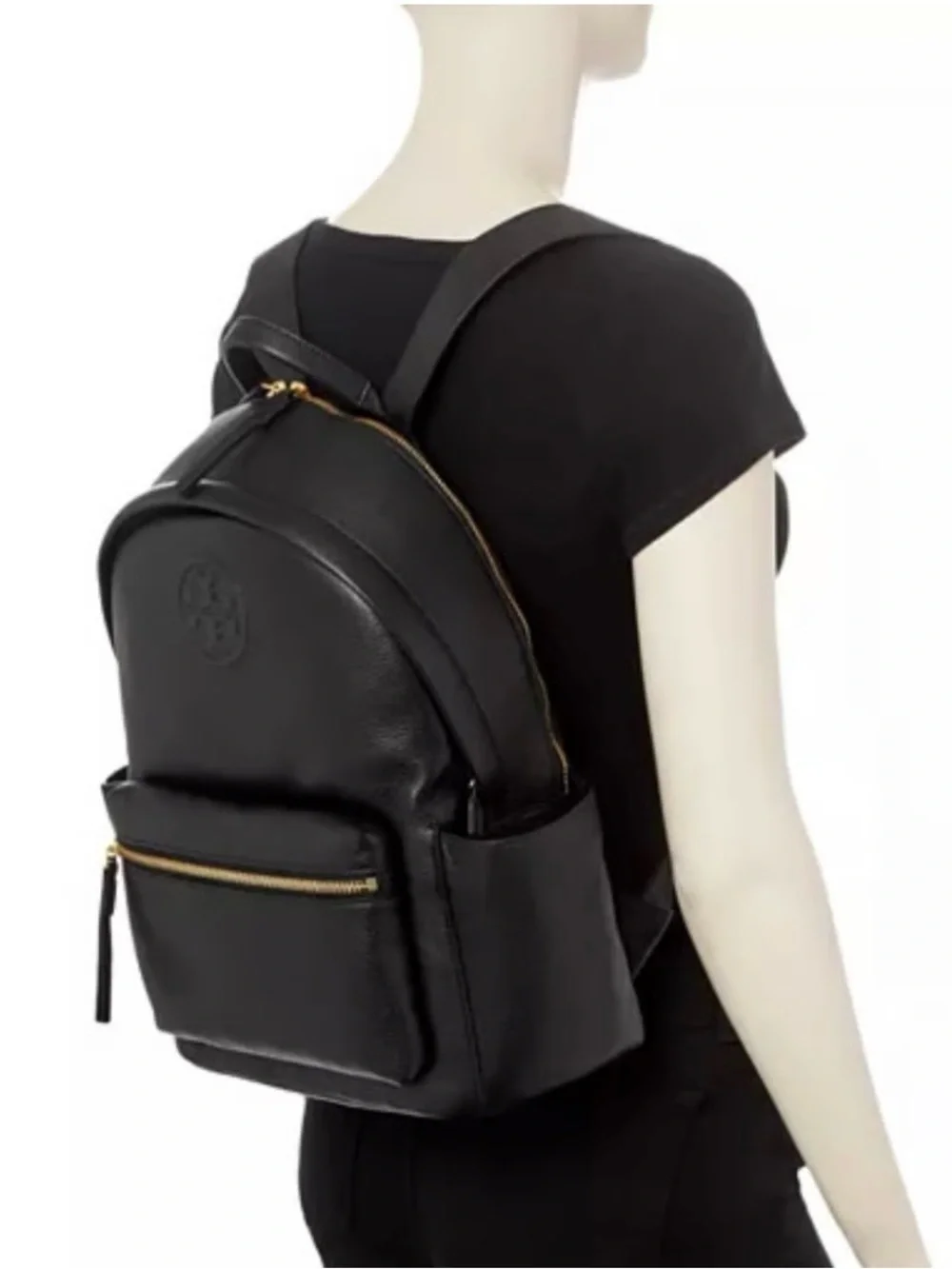 Tory Burch Perry Bombé Black Leather Backpack with Gold Hardware